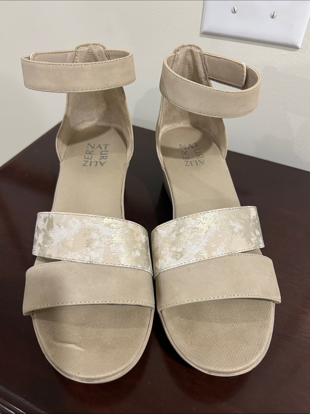 Naturalizer Neutral Beige Ankle-Strap Sandals with Metallic Accent
